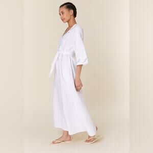 NWT Fanm Mon x Andie Kepez Kaftan Embroidered Dress White 100% Linen Size Medium